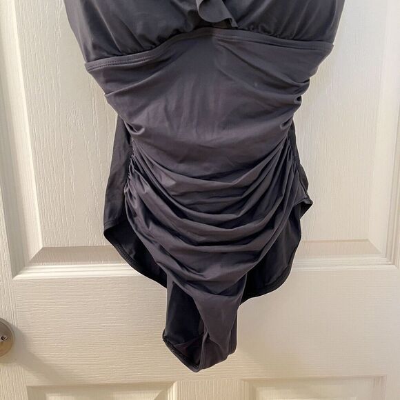 Lauren Ralph Lauren Black Ruffle One-Piece Swimsuit Beach Club Solids Size 14 - Picture 4 of 13